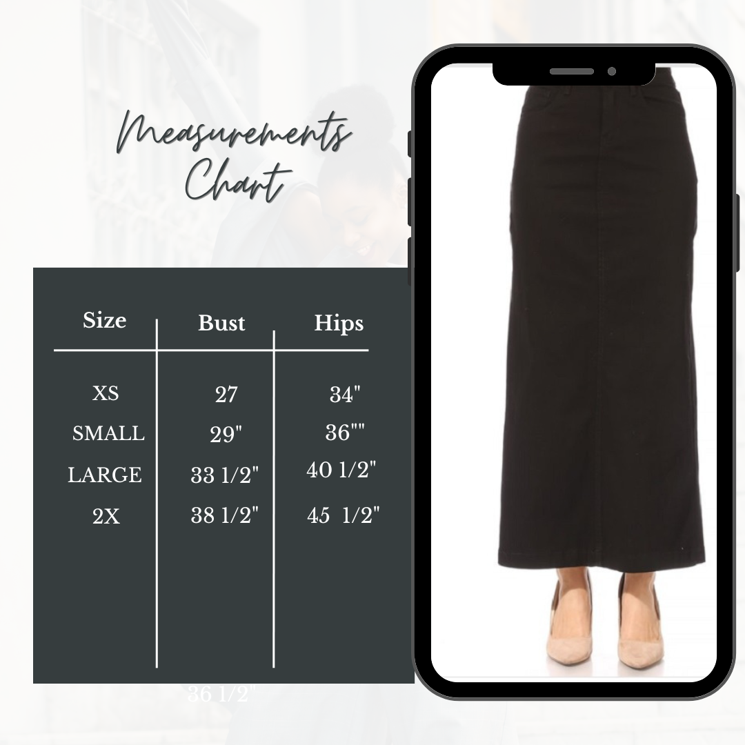Style: #812 BLACK MAXI Jean Skirt: XS,S & L FINAL SALE! Cannot Be Returned!