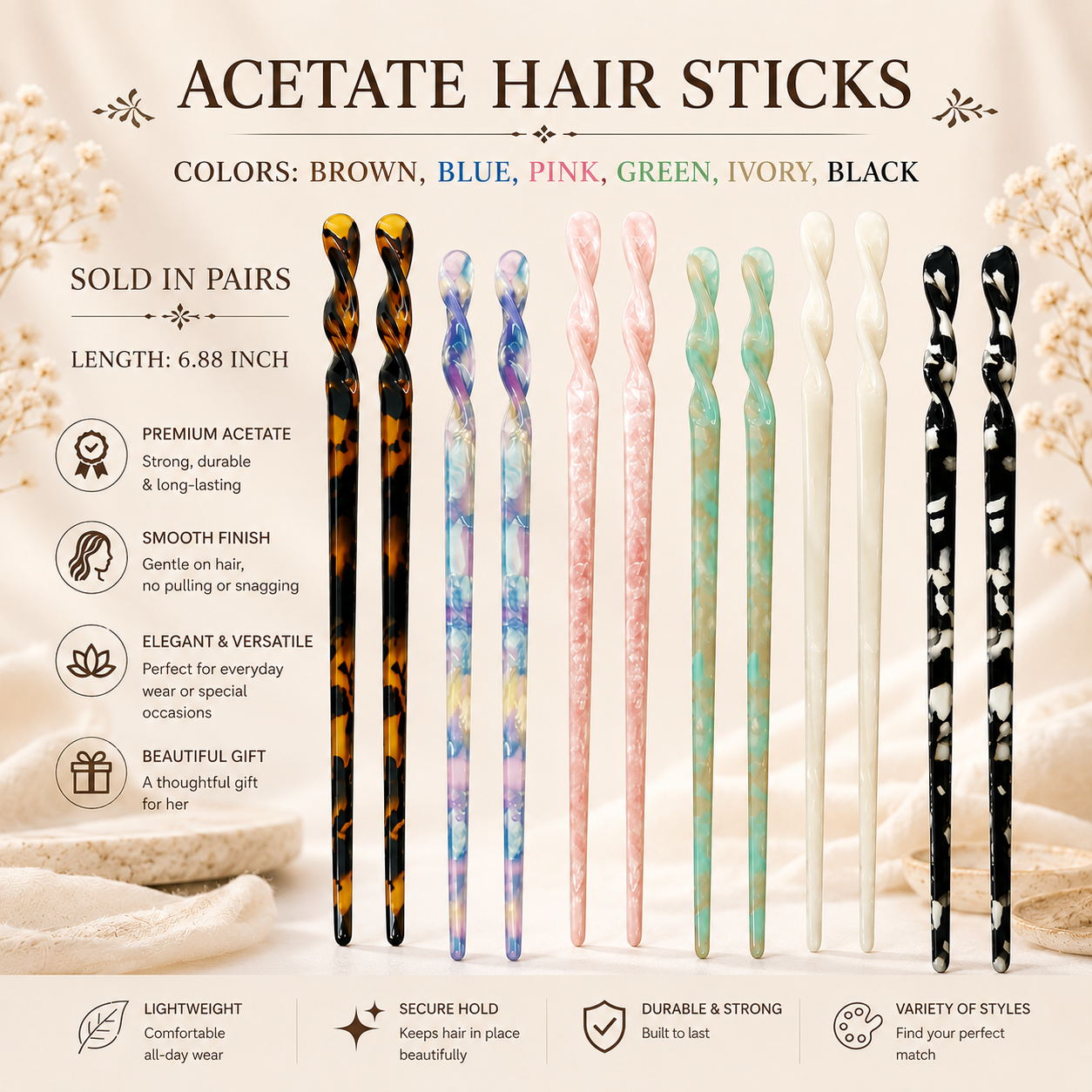 NEW! Acetate Hair Sticks! 6 Colors! Sold in Pairs!
