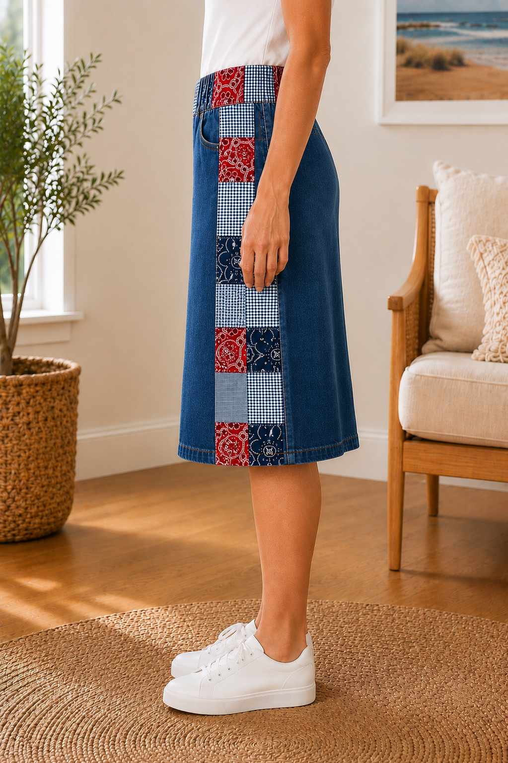 NEW! "Bandana" Patchwork Designer Elastic Waist Jean Skirt: S-5X