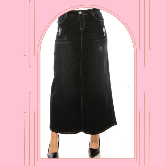 "Barbara "Black/Distressed" Maxi Jean Skirt S-3X