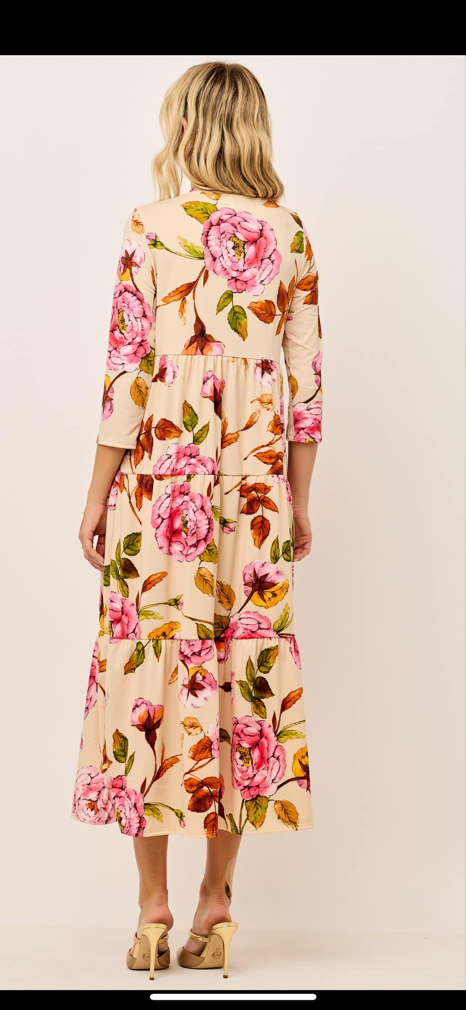 "Victoria" Beige Floral Print Dress: Small