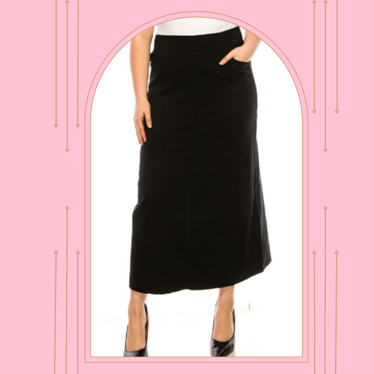 "Tabitha"  BLACK  Maxi Jean Skirt XS-3X (Elastic Waist)