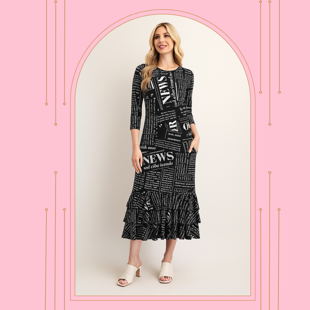 NEW! Pre-Order "Beverly" Black Newsprint Dress : S-3X Arriving in Stock July 15