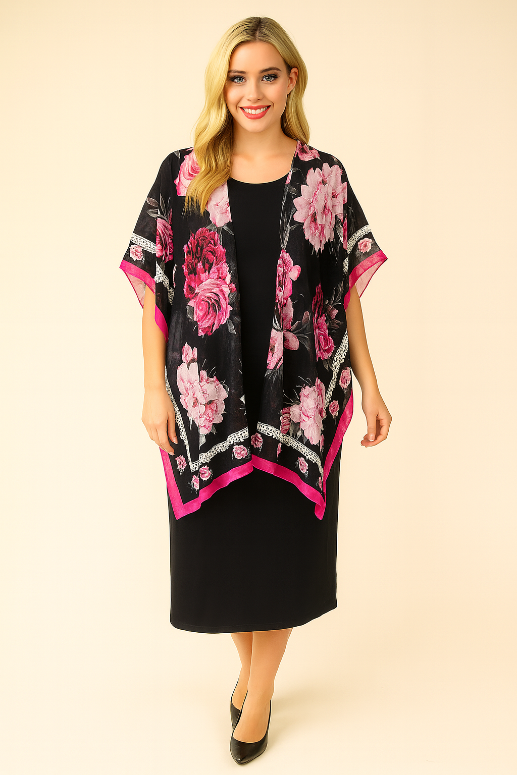 NEW! Black Floral/Faux Lace Border Kimono