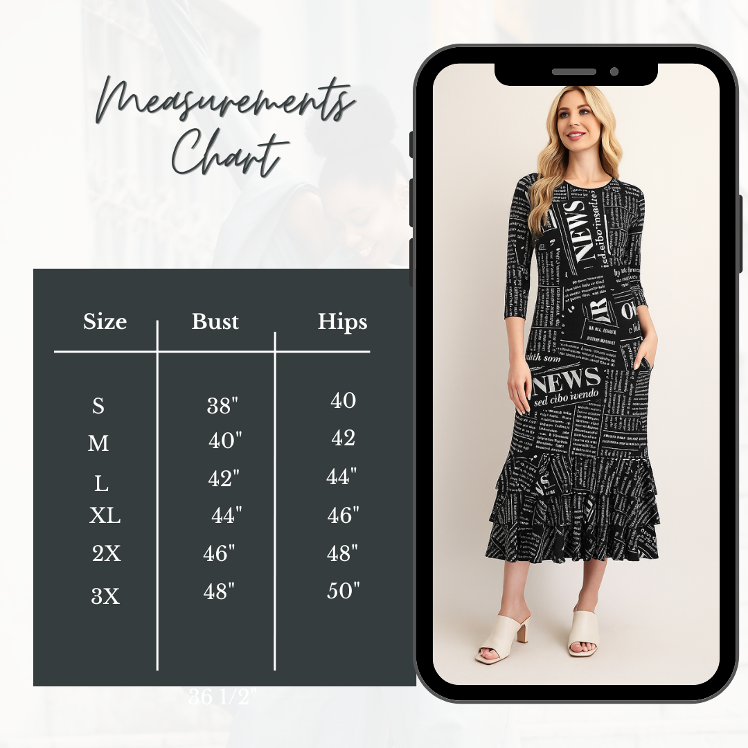 NEW! Pre-Order "Beverly" Black Newsprint Dress : S-3X Arriving in Stock July 15