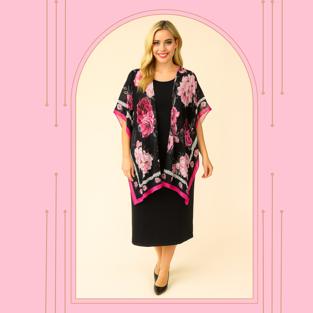 NEW! Black Floral/Faux Lace Border Kimono