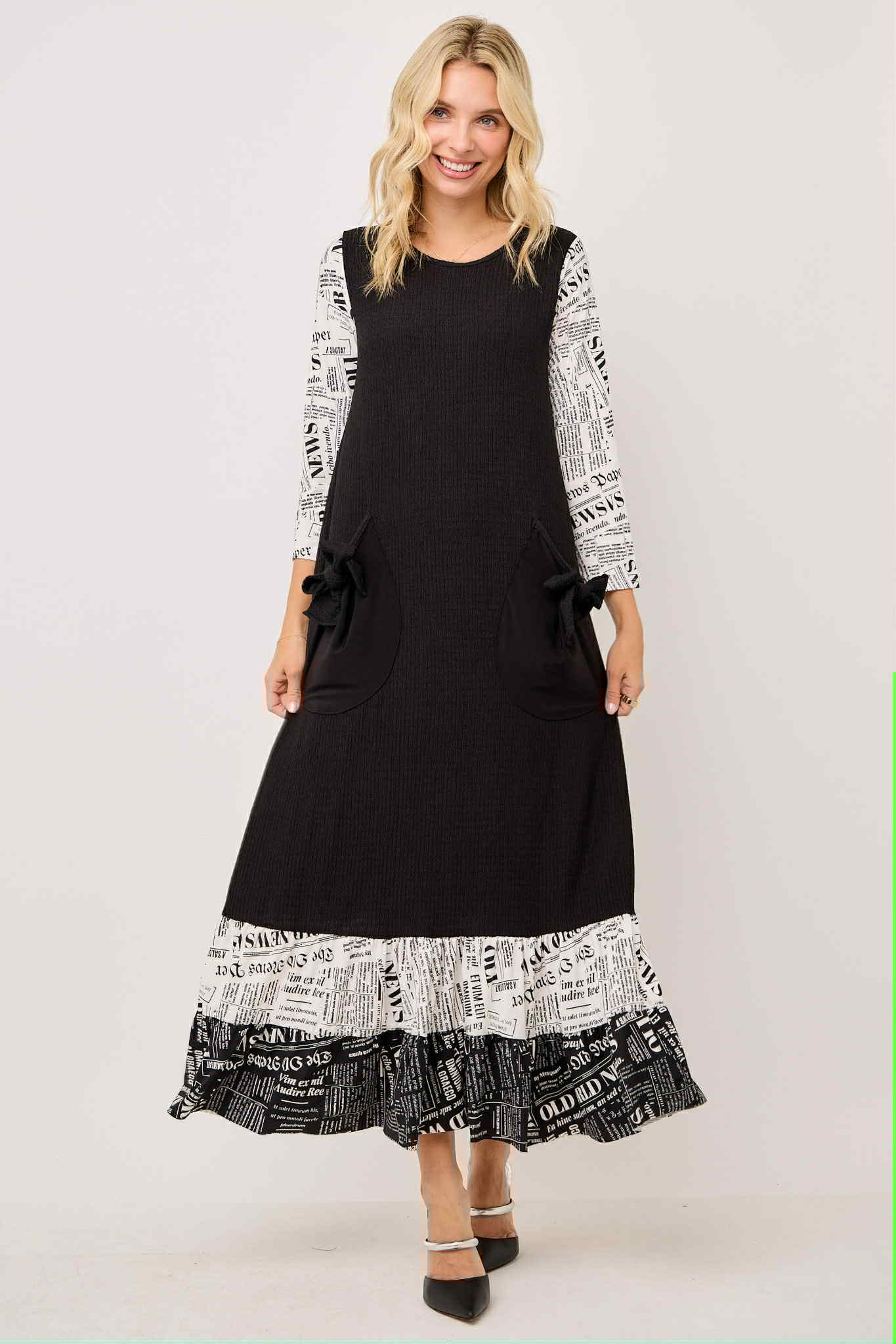 NEW! "Nora" Black/White Newsprint Ruffle Dress: S-3X