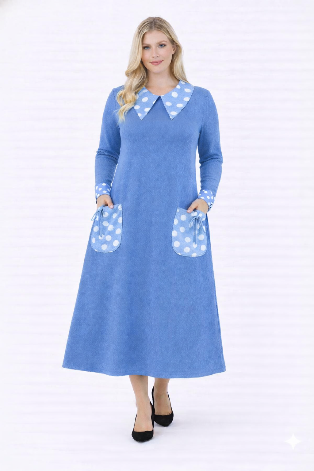 PRE-ORDER: NEW! "Dorothy" Blue/Polka Dress: S-3X (Arriving In Stock: late January)