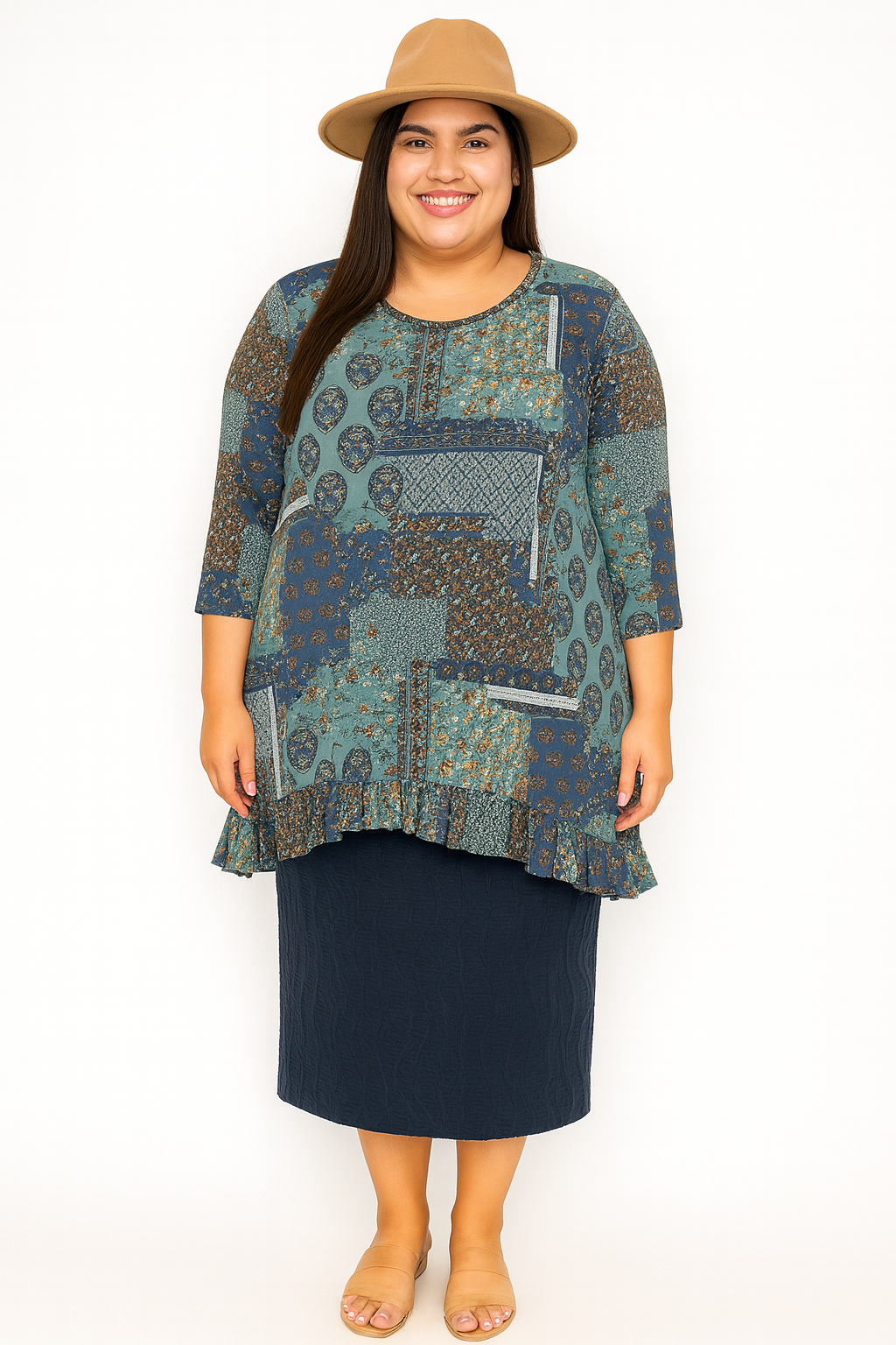 NEW! Blue Print Ruffle Tunic Top: S-3X