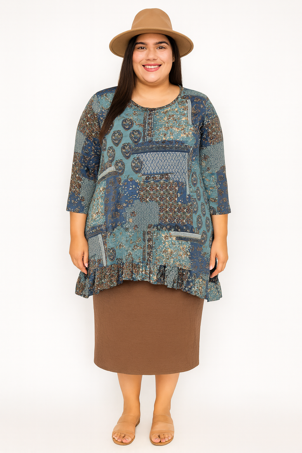 NEW! Blue Print Ruffle Tunic Top: S-3X