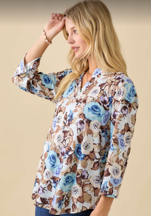 NEW! Blue/Brown Roses Top! S-3X