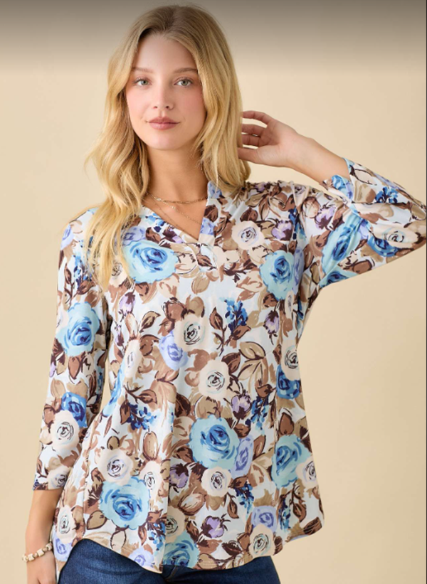 NEW! Blue/Brown Roses Top! S-3X