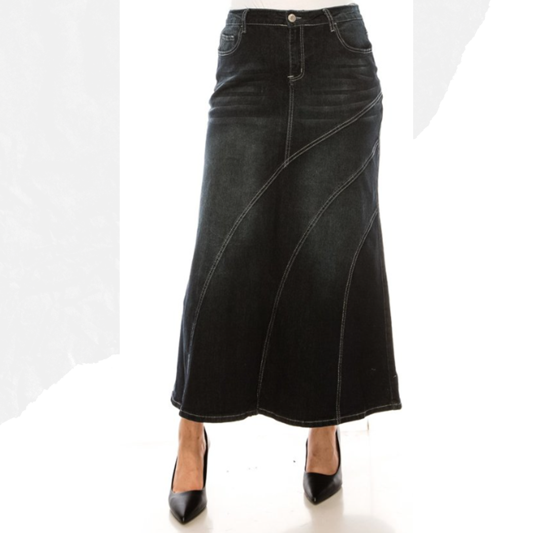 NEW! "Bonita" Black Wash Maxi Jean Skirt: S-XL