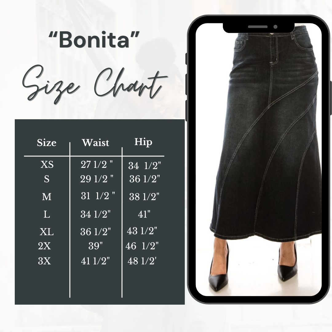 NEW! "Bonita" Black Wash Maxi Jean Skirt: S-XL