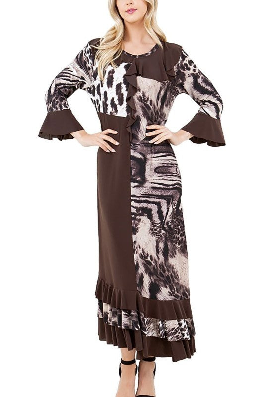 NEW! "Belinda" Brown/Animal Print Dress: Small