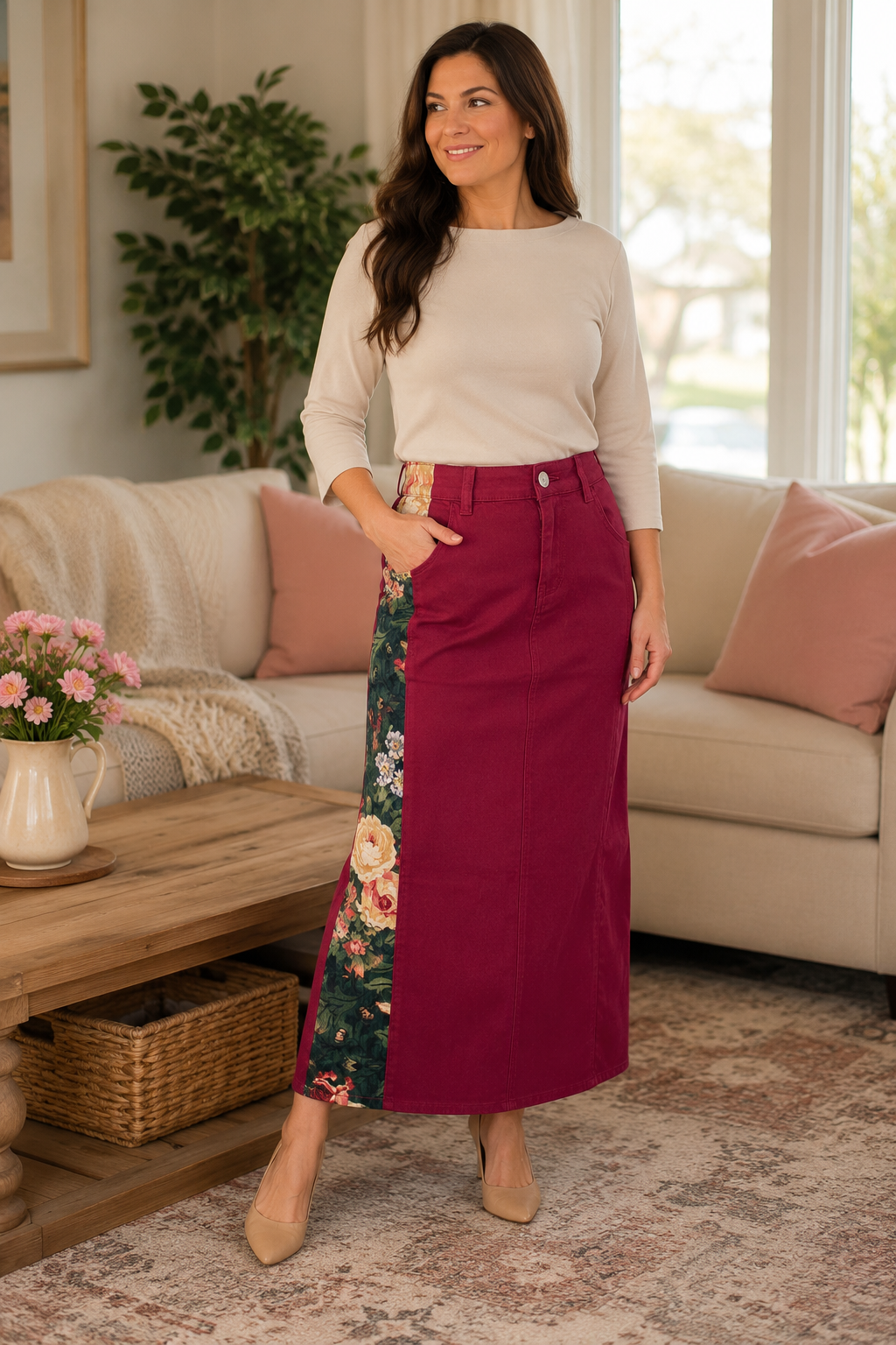 NEW! Cabernet/Floral "Boutique" Maxi Jean Skirt: S-3X