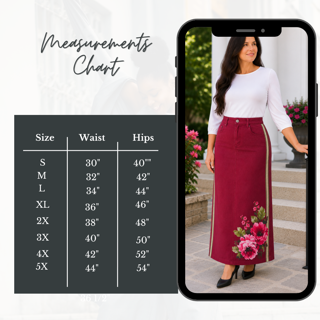 NEW! Cabernet/Floral "Boutique" Maxi Jean Skirt: S-5X