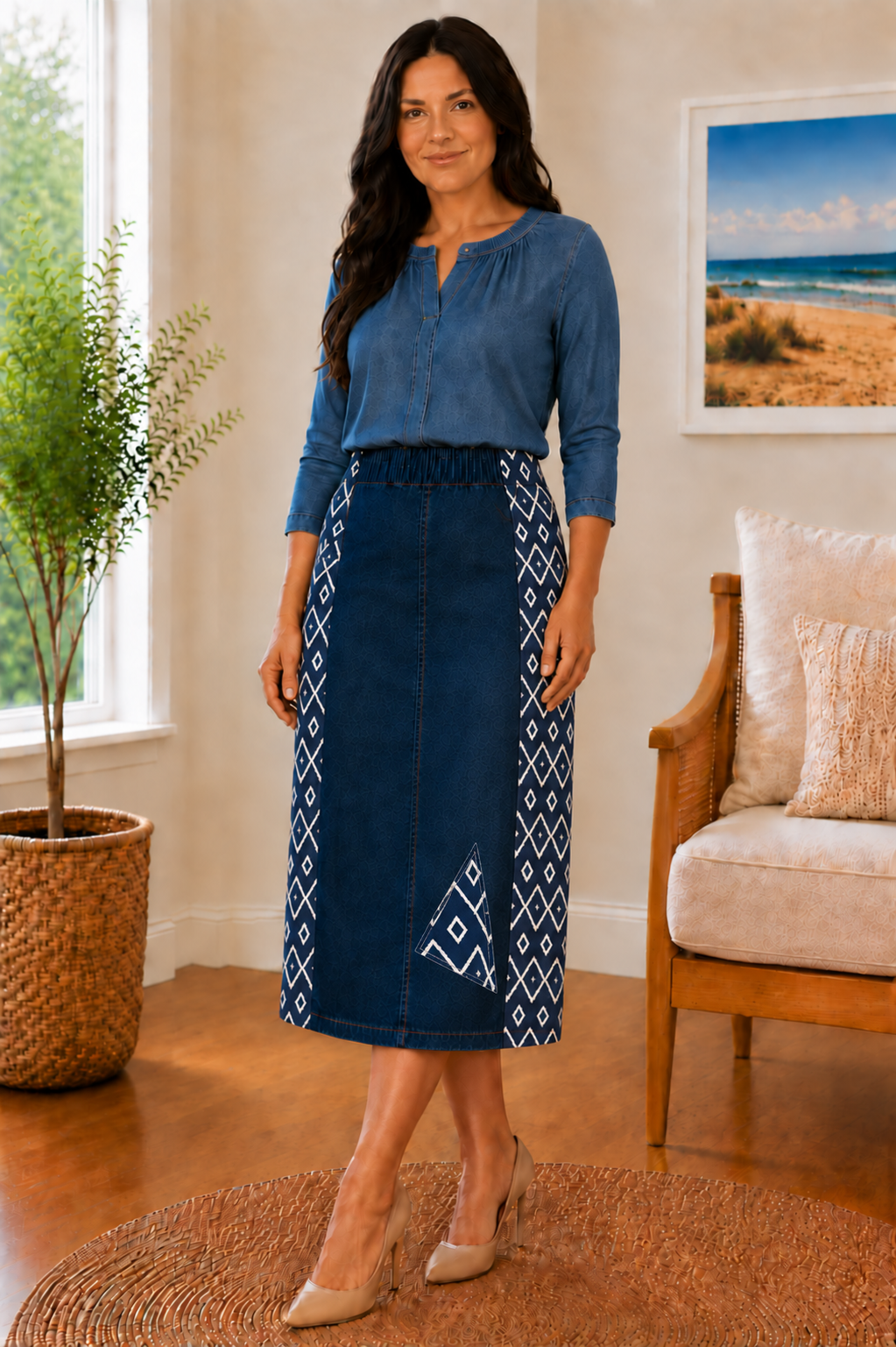 NEW! Geometric Dark Indigo Elastic Waist Jean Skirt: S-5X