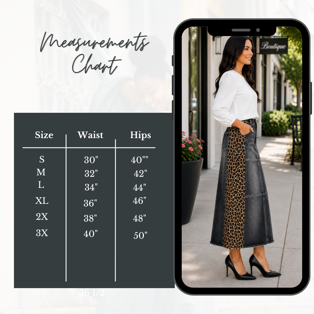 NEW! "Ebony" Black Wash/Leopard Print 32" Jean Skirt: S-3X