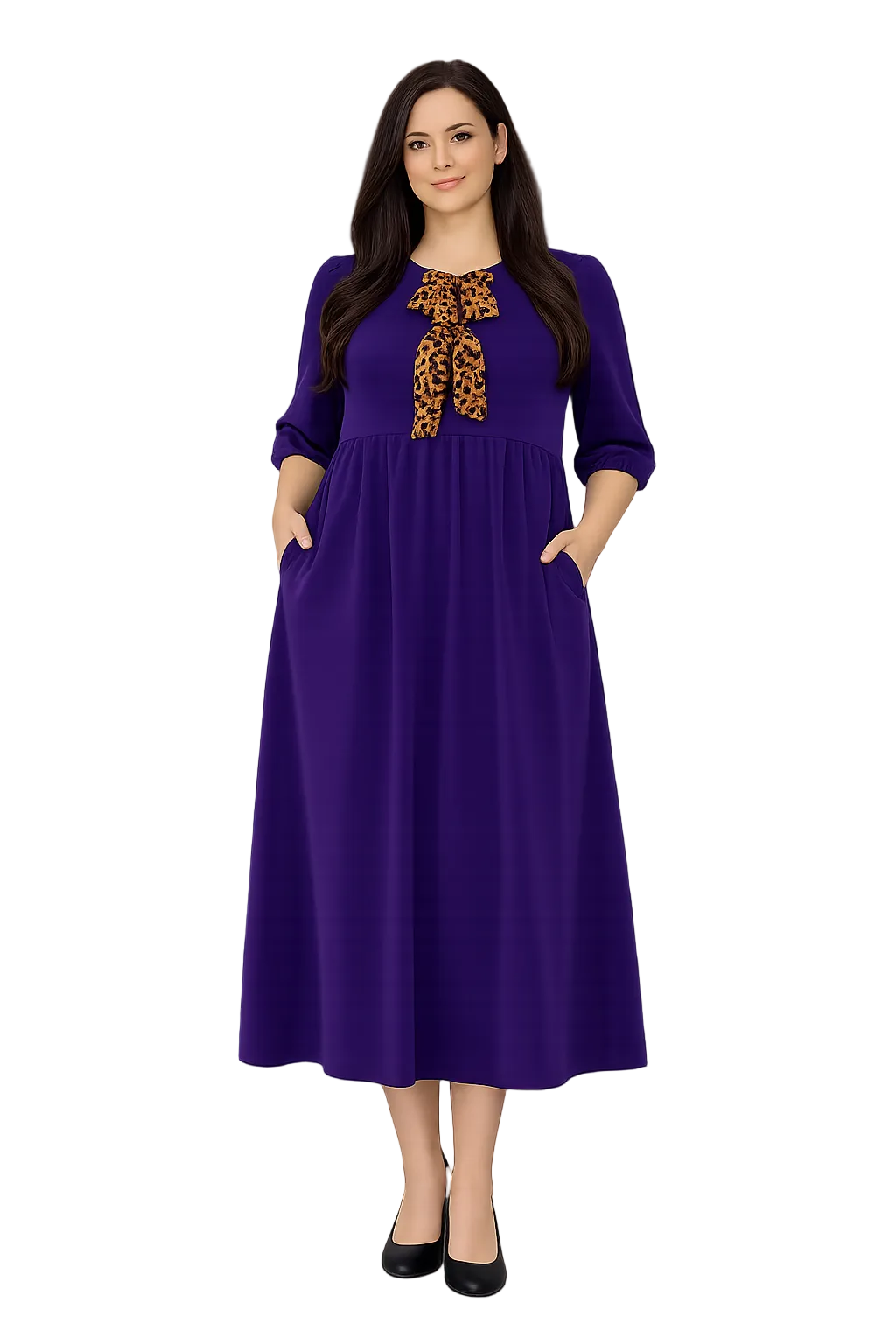 New! "Elsie" Eggplant/Leopard Bow Dress: S-3X Arriving in Stock: 4/4