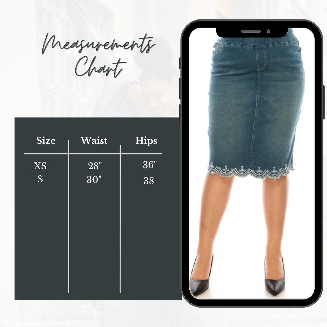 Embroidered Hem (ELASTIC WAIST) Midi Jean Skirt: XS-S( Can Be Returned For Size Exchange Only!) (Copy)