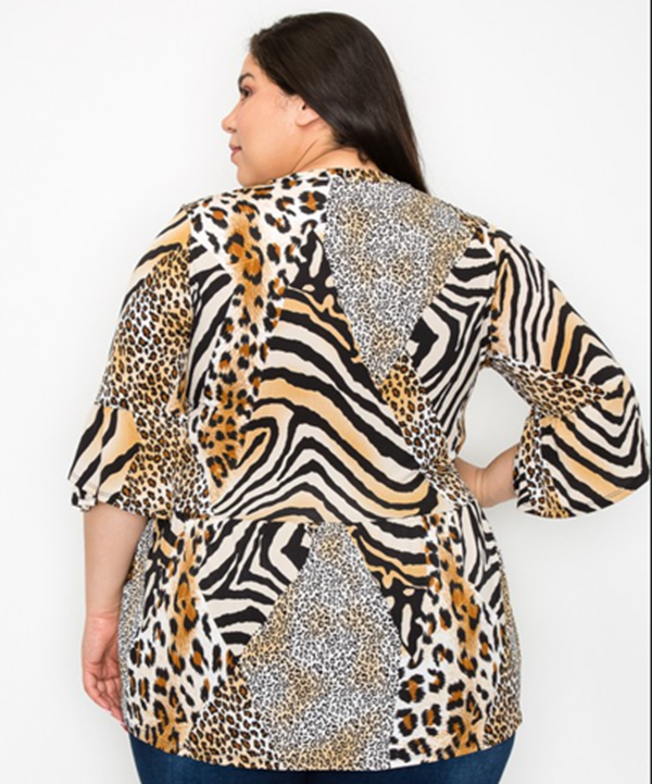 Leopard Print Ruffle Sleeve Top: 4X-5X FINAL SALE! Cannot Be Returned!