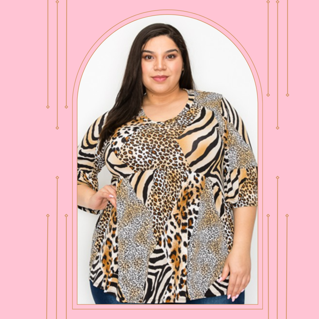 Leopard Print Ruffle Sleeve Top: 4X-5X FINAL SALE! Cannot Be Returned!