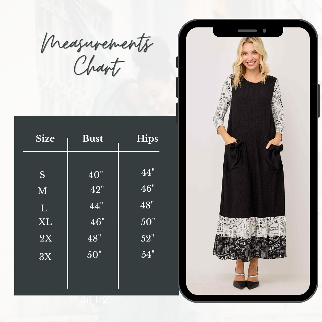 NEW! "Nora" Black/White Newsprint Ruffle Dress: S-3X