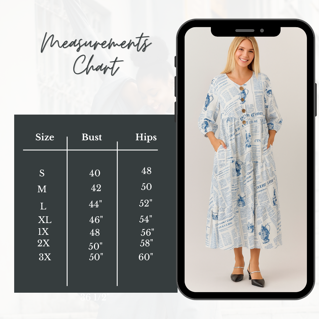 NEW! "Nancy" Denim Blue/Teal Newsprint Dress! S-3X