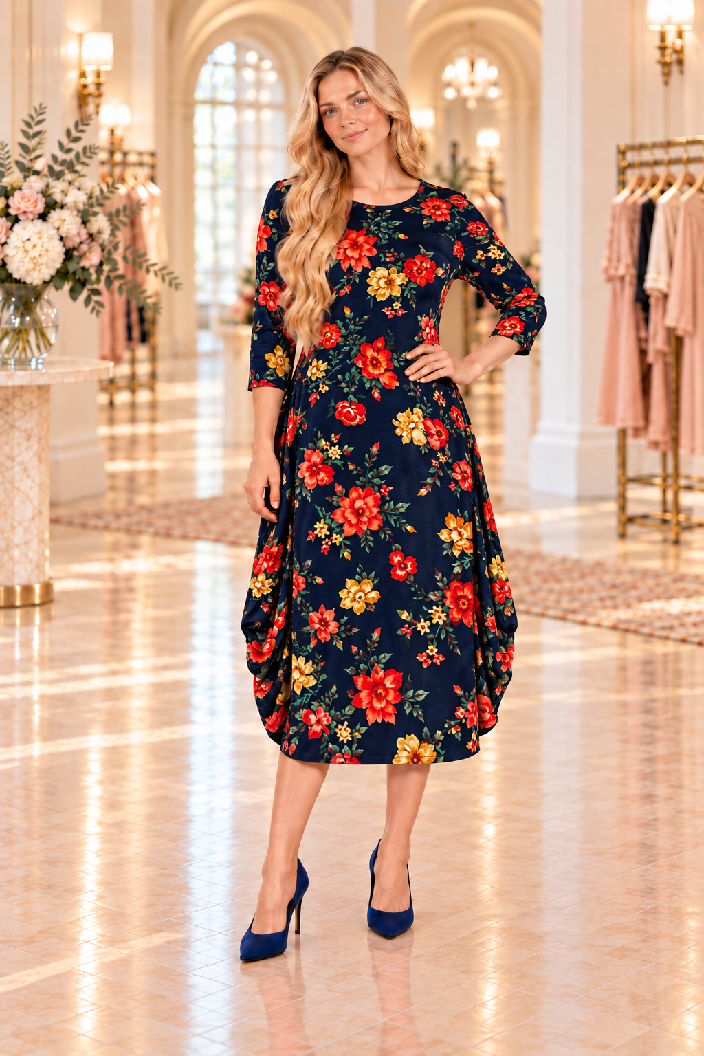 NEW! "Caroline" Navy/Orange Side Drape Dress: S-XL (Generous Fit!)