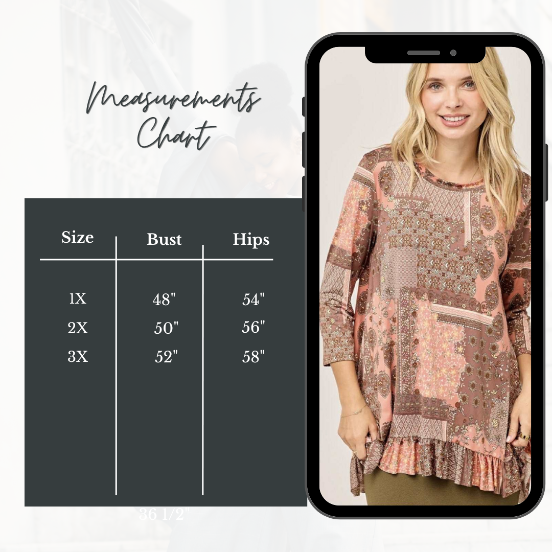 New! Peach Print Top: 1X-3X