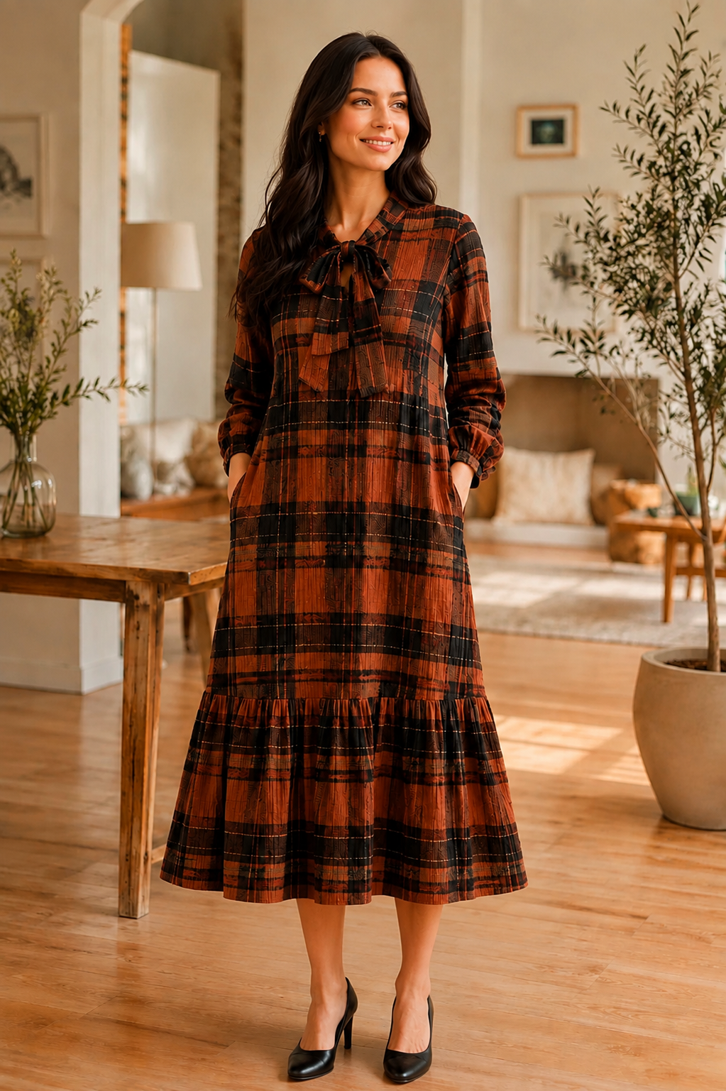Pre-Order: "Autumn" Rust & Black Plaid Dress (Arriving Late August) S-3X