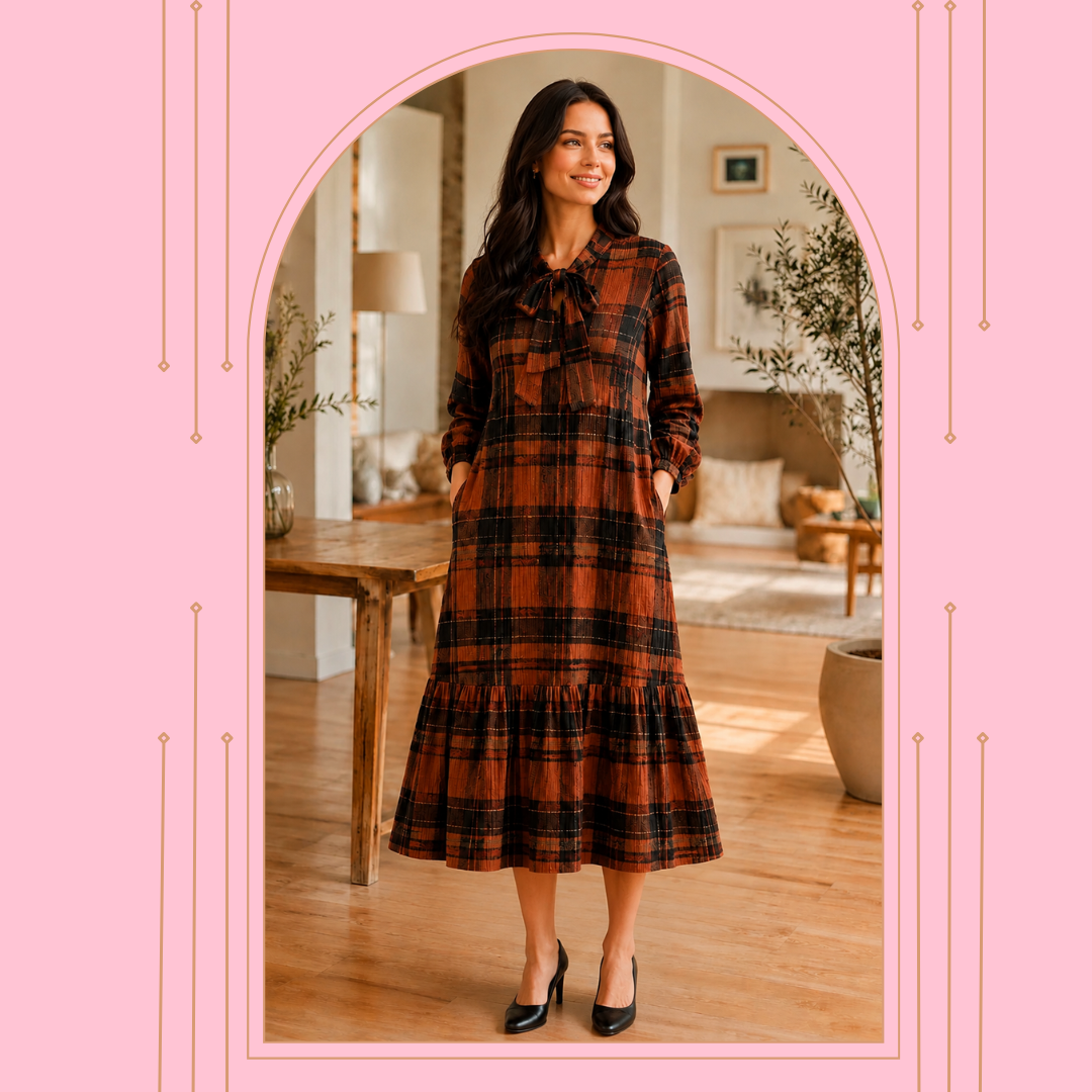 Pre-Order: "Autumn" Rust & Black Plaid Dress (Arriving Early Sept )S-3X