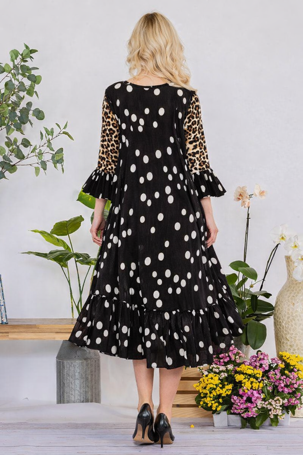 Polka Dot/Leopard Micro Pleat Dress: 3X FINAL SALE! Cannot Be Returned!