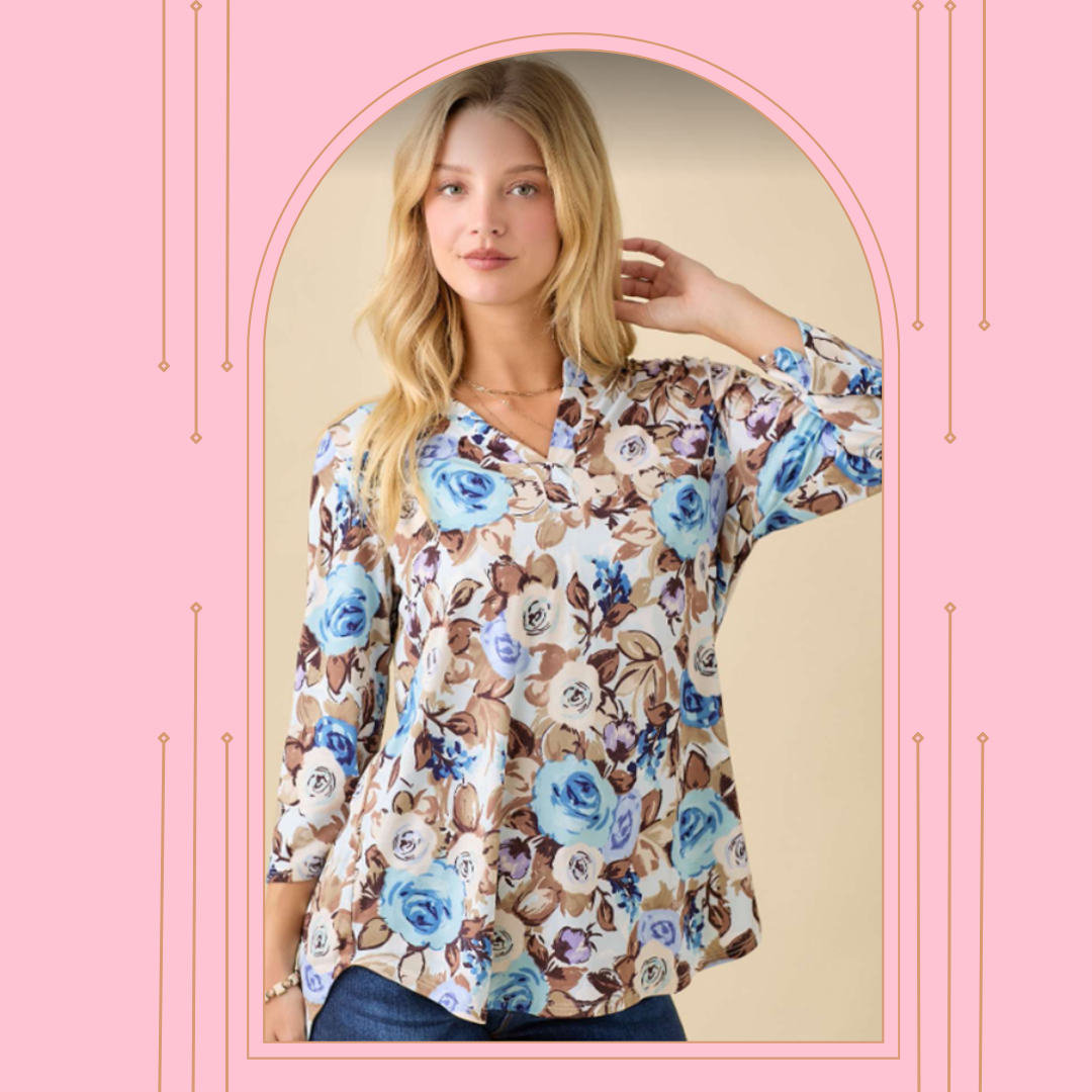 NEW! Blue/Brown Roses Top! S-3X