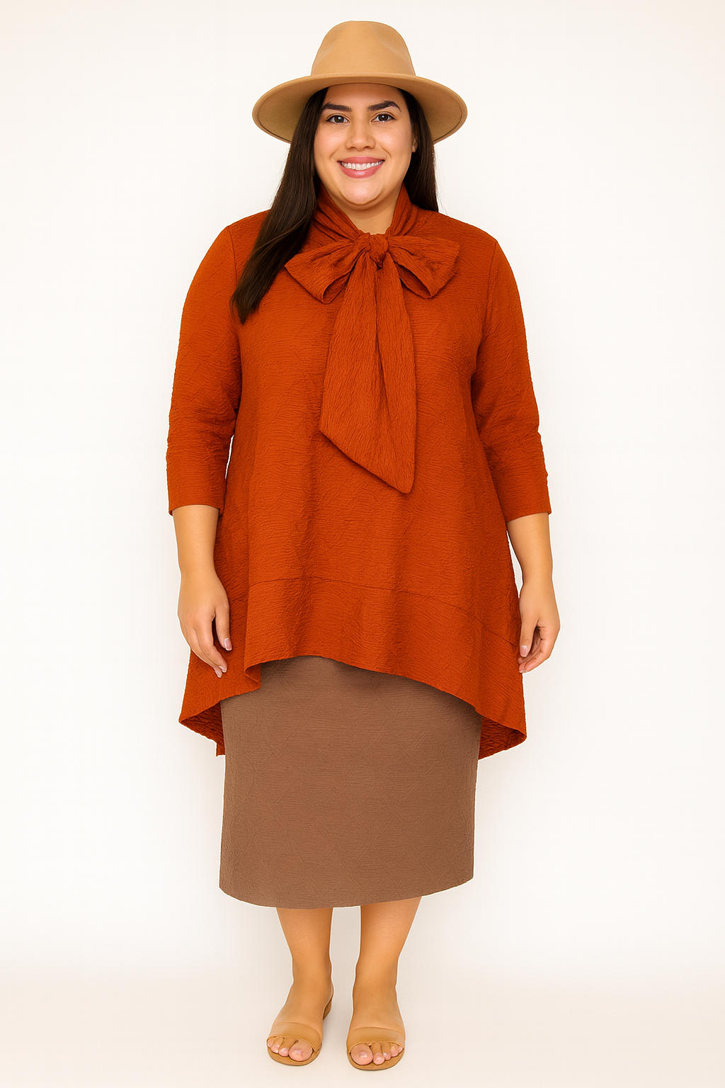 "Pumpkin" Textured Bow Top: 1X-3X