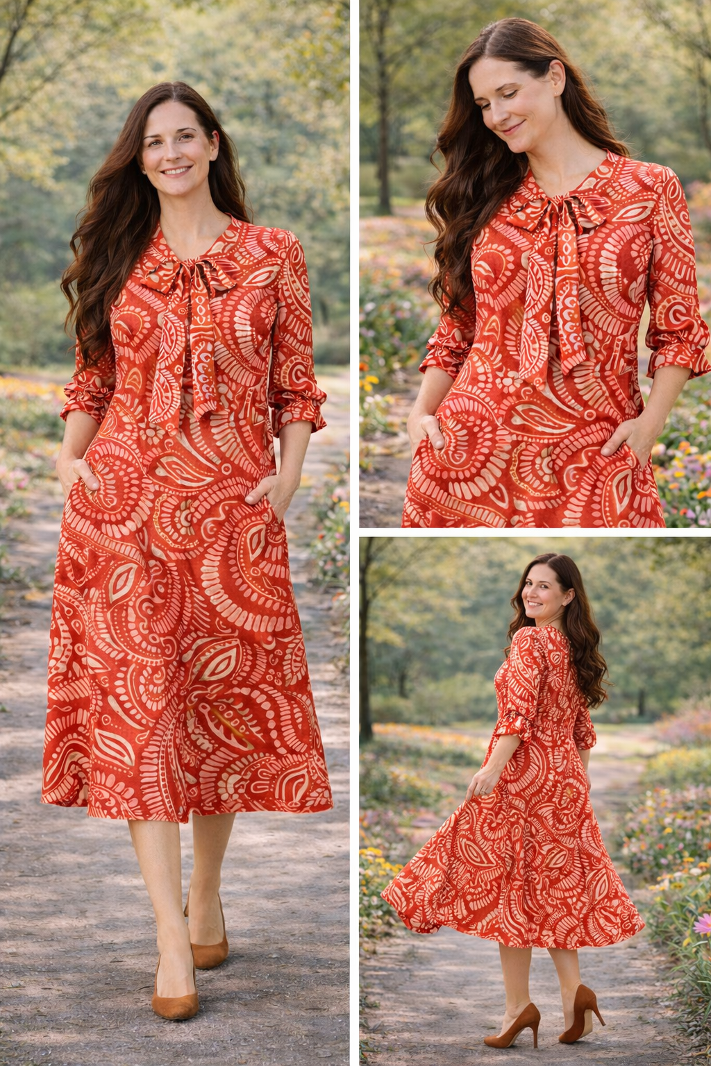 "Paisley" Rust Red Print Dress: S & 2X- 3X Final Sale! Cannot be Returned!