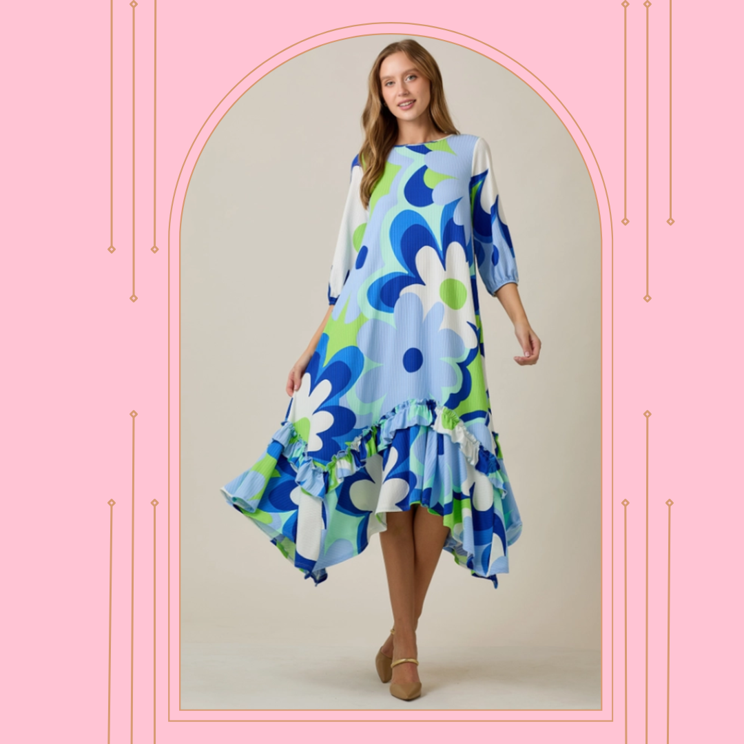 NEW! Pre-Order: Royal Blue Large Floral Print Dress: S-3X Arriving in stock: 5/13