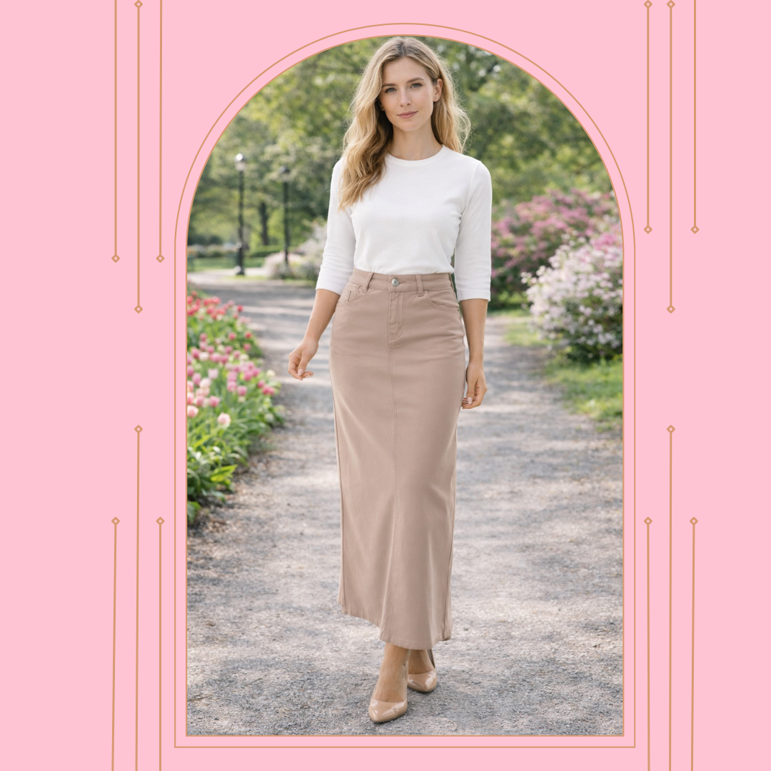 Pre-Order: NEW! Sandstone Maxi Jean Skirt: S-3X Arrives in Stock: 6/20