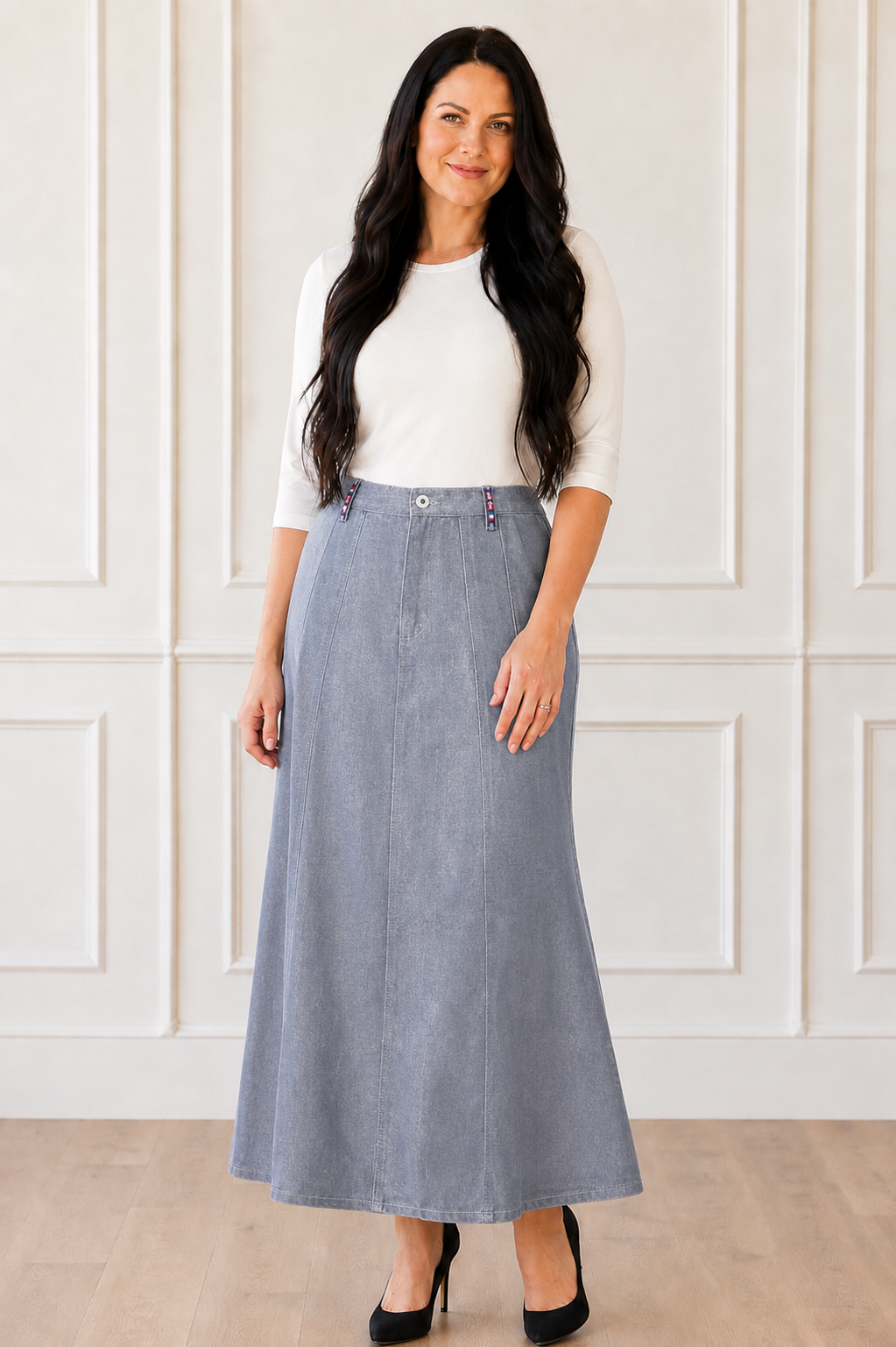 NEW! Silver "Fit & Flare" Maxi Jean Skirt: S-3X Arriving in Stock: 9/3