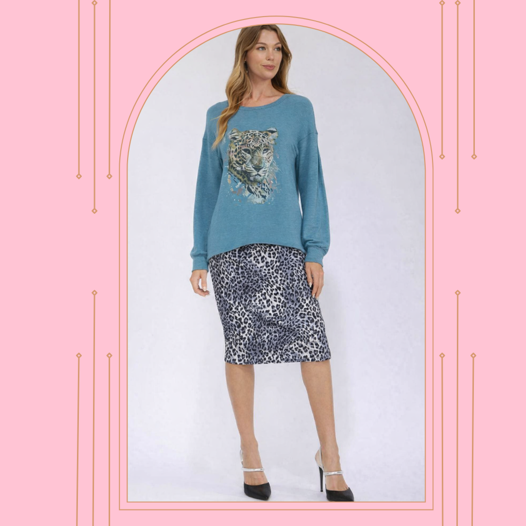 NEW! Teal Leopard Top: S-L (Generous Fit!)