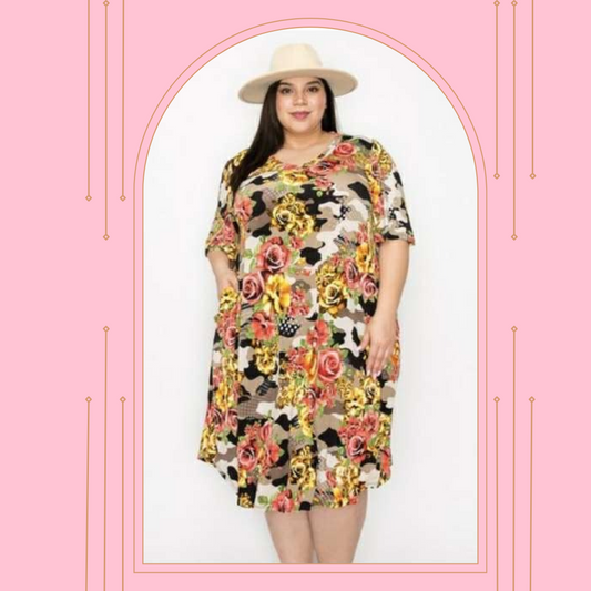 Taupe/Camo Roses Dress: 1X-3X FINAL SALE! Cannot Be Returned!