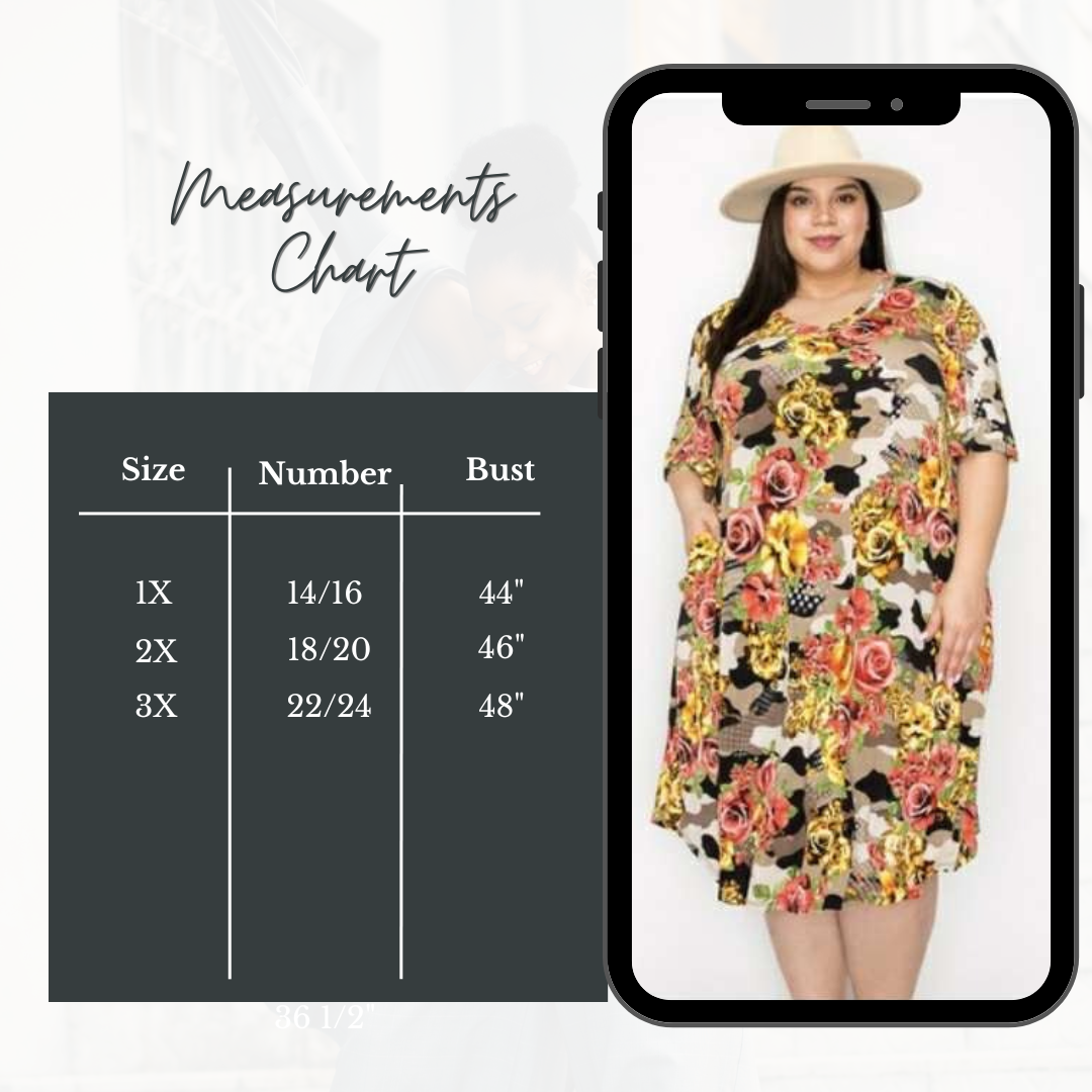 NEW! Taupe/Camo Roses Dress: 1X-3X