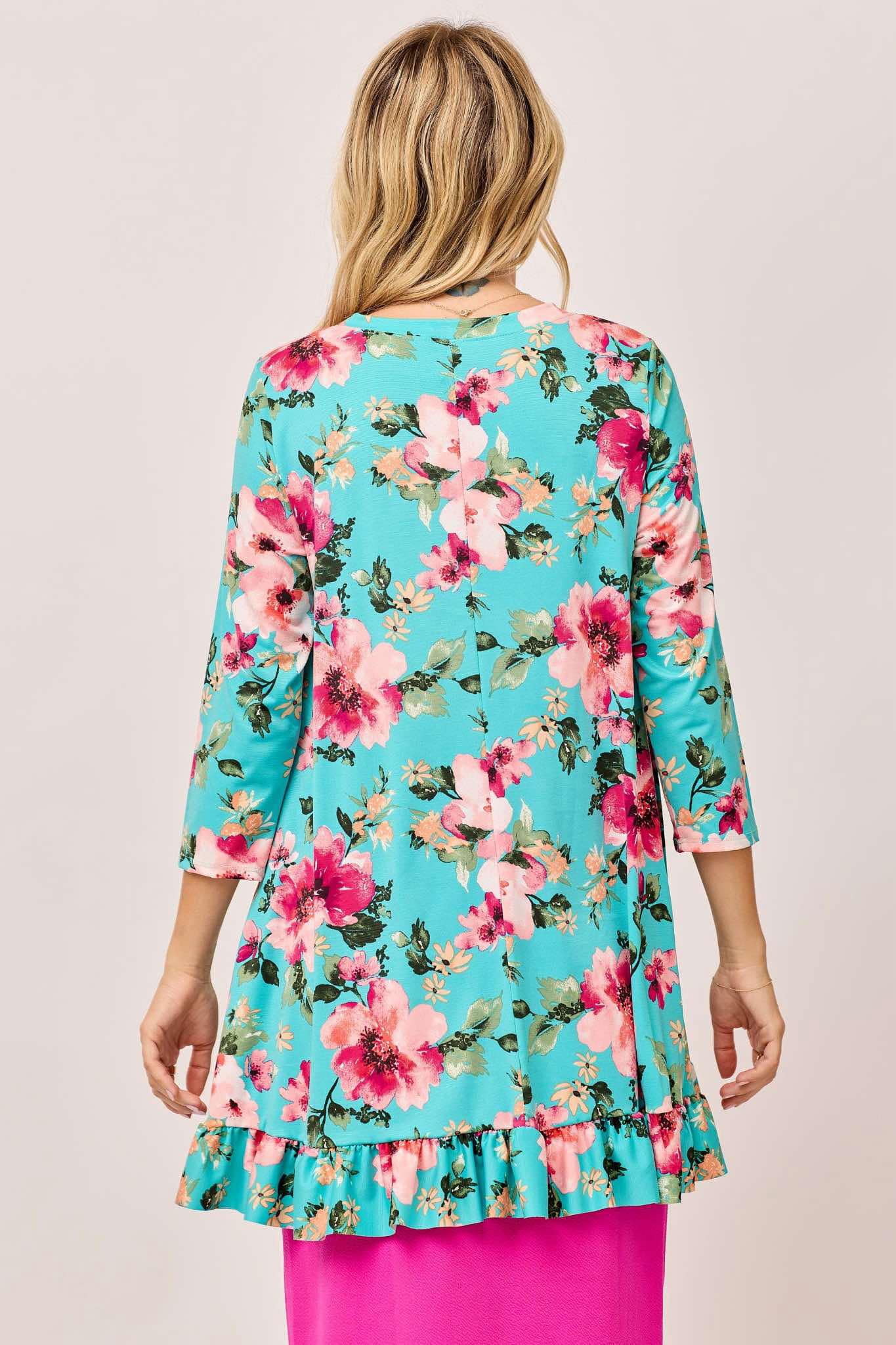 New! Turquoise/Pink Floral Top! S-3X.