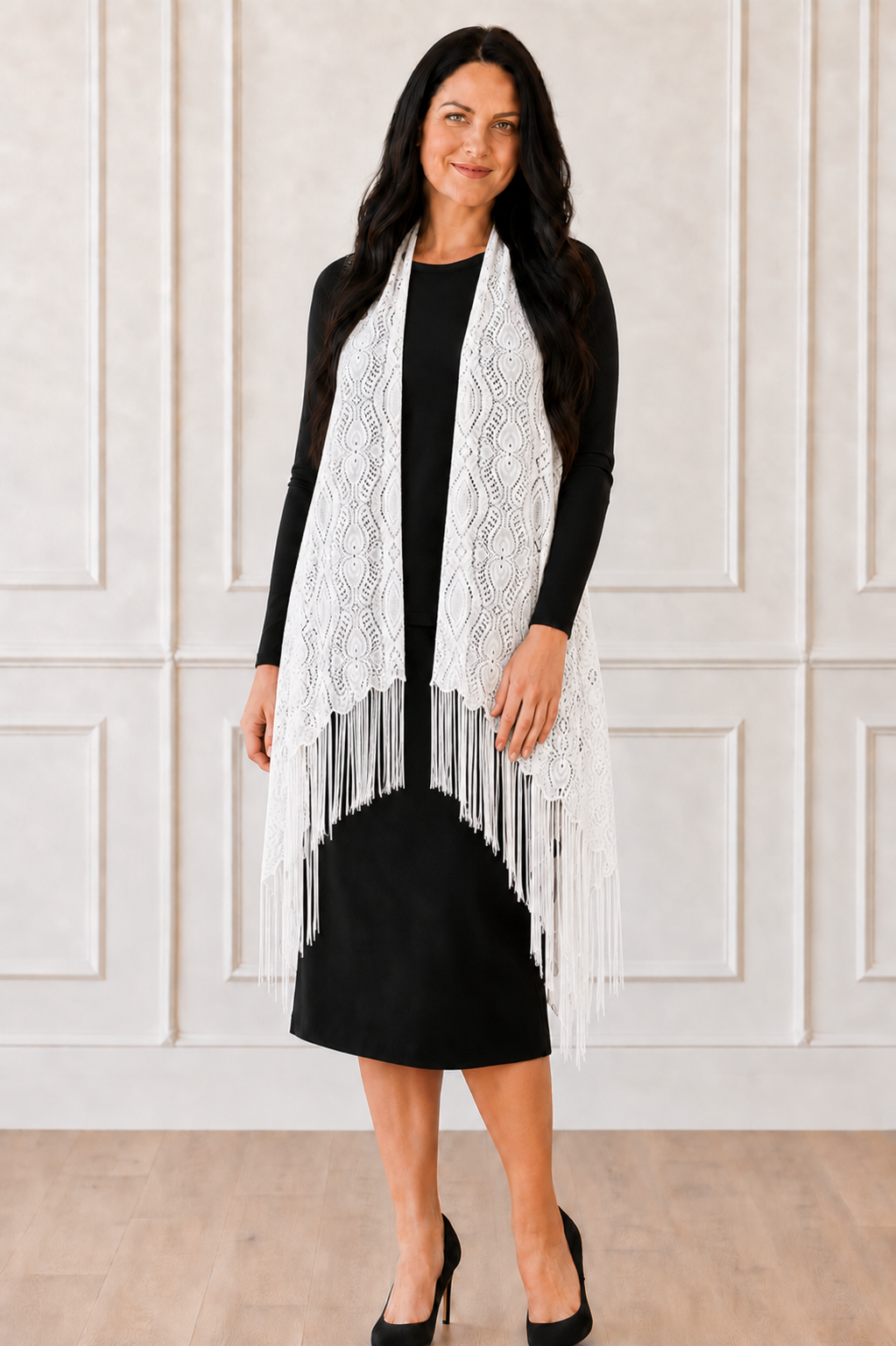 NEW! White Lace With Fringe (One Size Fits Most Up to 1X)