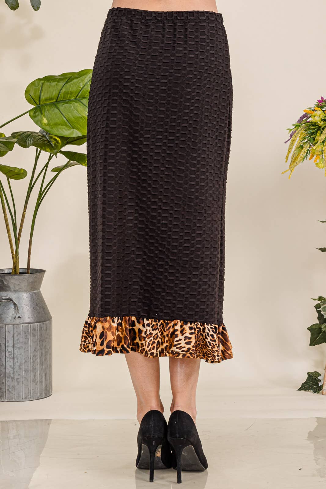 BLACK HONEYCOMB SKIRT WITH ANIMAL PRINT RUFFLE: Small Final SALE! Cannot Be Returned!
