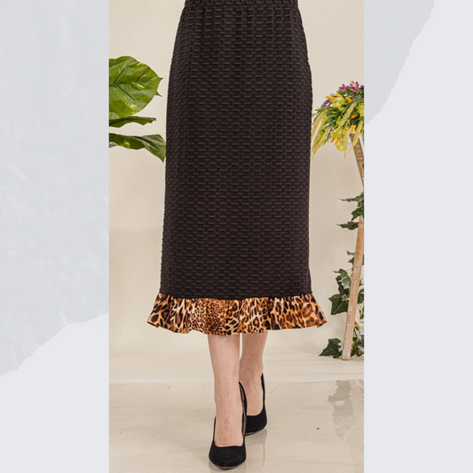 BLACK HONEYCOMB SKIRT WITH ANIMAL PRINT RUFFLE: Small Final SALE! Cannot Be Returned!