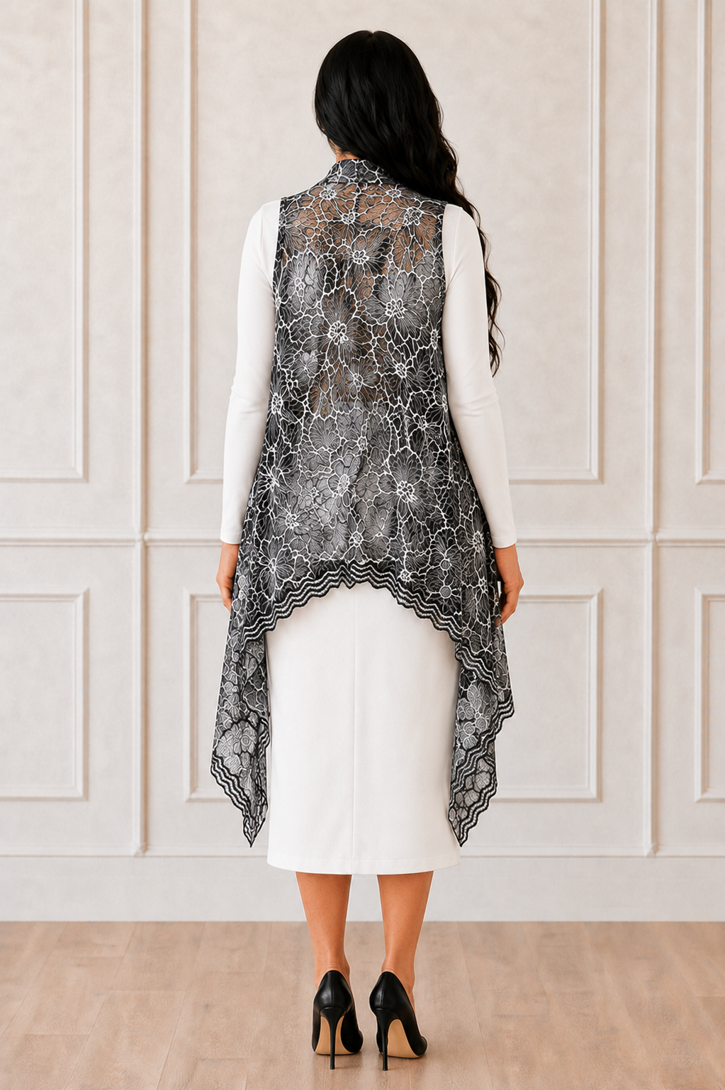 NEW-Black/White Lace Vest. (One Size: Fits Most Up To 1X)