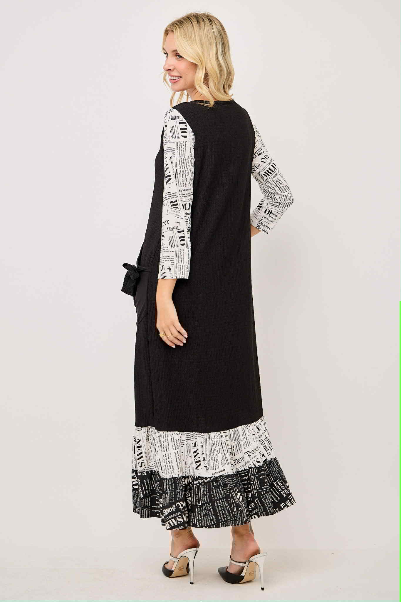 NEW! "Nora" Black/White Newsprint Ruffle Dress: S-3X