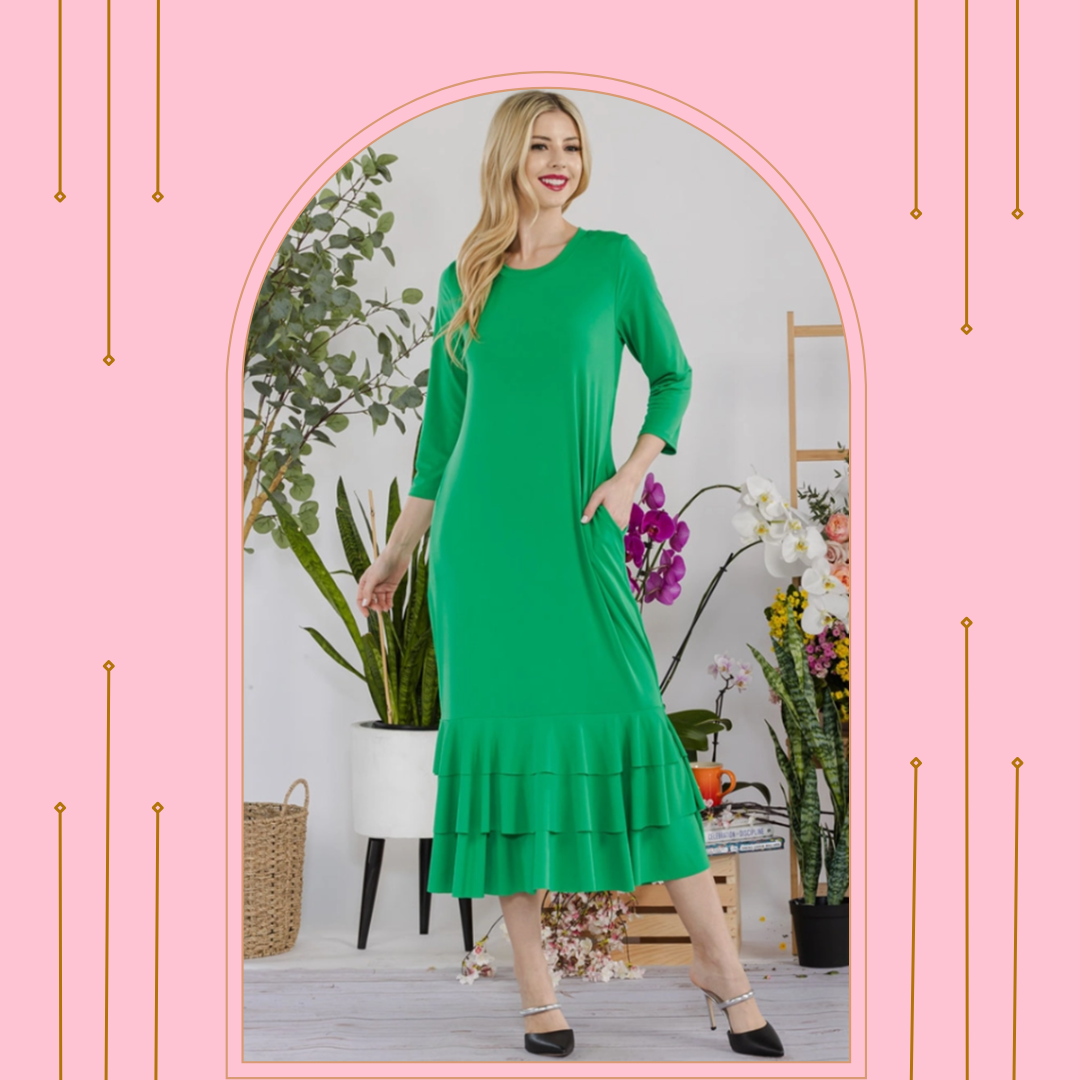 Kelly Green Ruffle Hem Dress: Small Final Sale! Cannot Be Returned!